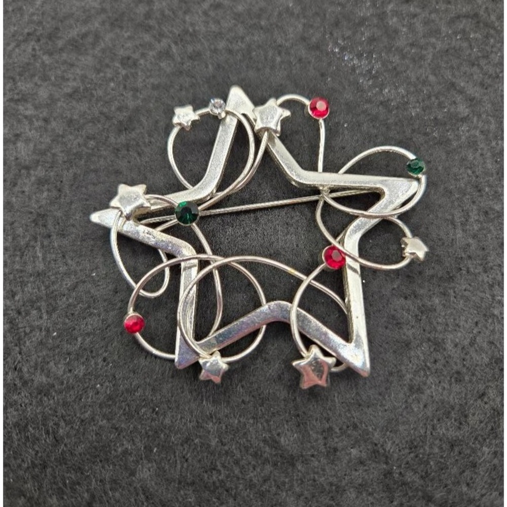 Silver Tone Green Red Rhinestone Christmas Star Brooch Pin